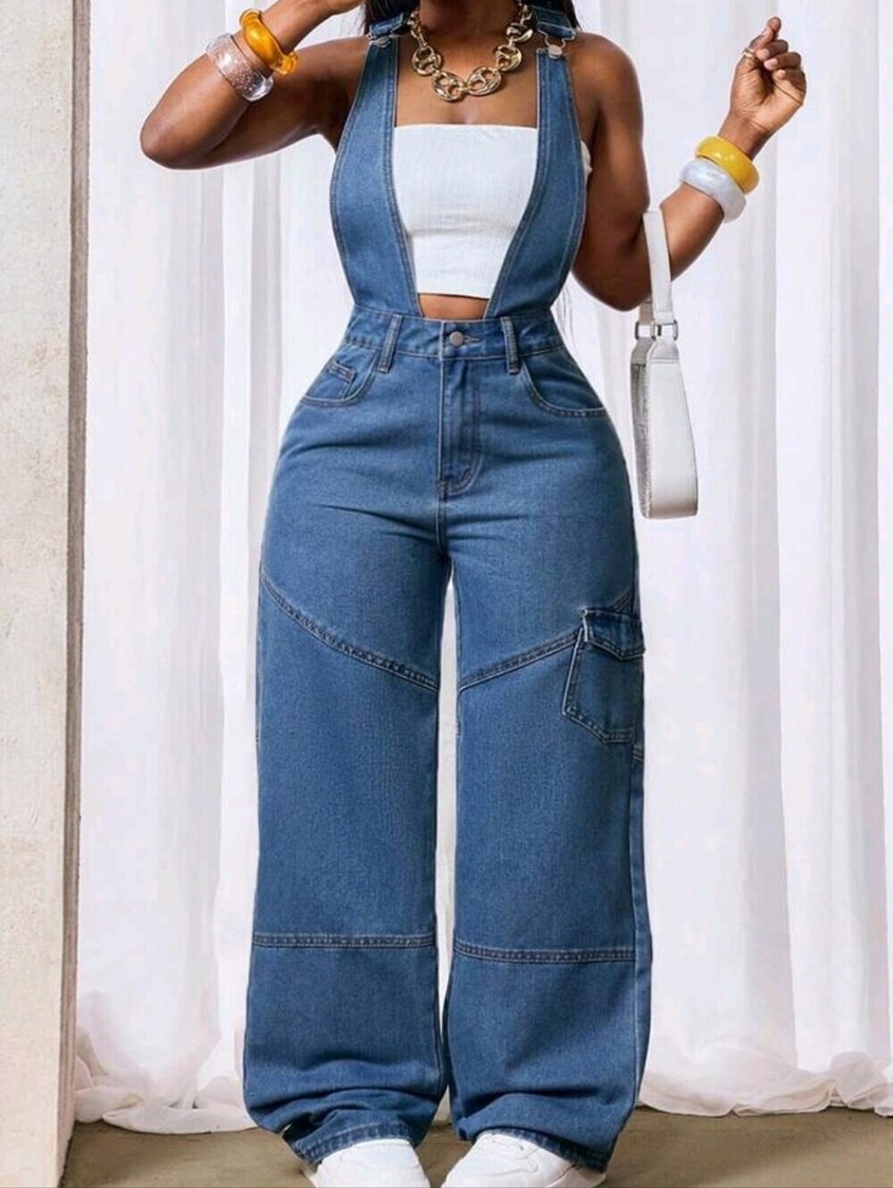 Wide-Leg Denim Overalls Jeans - Blue